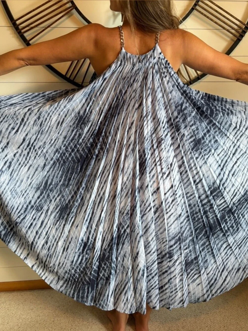 MICHAEL KORS Tie-Dye Maxi Halter Dress Featuring Silver Chain Straps